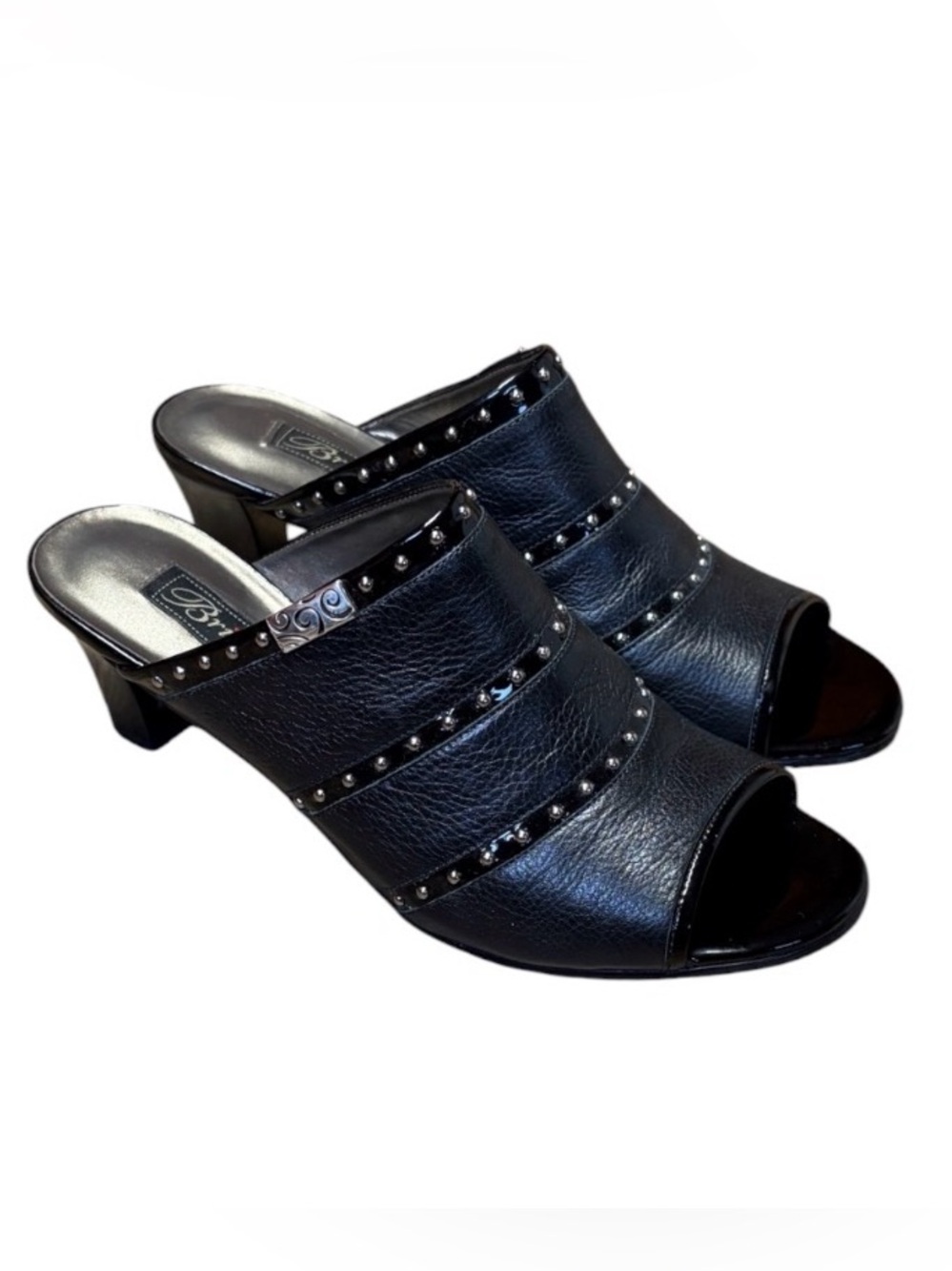 Brighton Teri Black Leather Metal Studs Open Toes Mule Slides Heels Womens 8